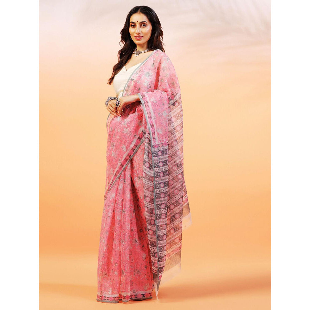 Aditri Handloom Kota Doria Hand Block Print Pink Saree With Blouse Piece