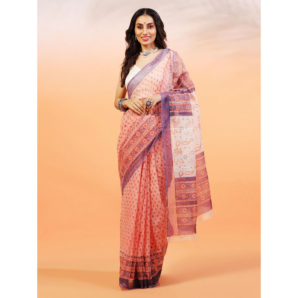 Aditri Handloom Kota Doria Hand Block Print Orange Saree With Blouse Piece