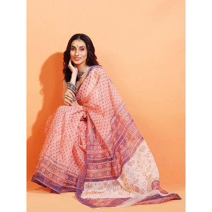 Aditri Handloom Kota Doria Hand Block Print Orange Saree With Blouse Piece