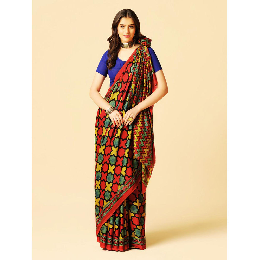 Aditri Red Handprinted Ajrakh On Modal Silk Saree with Running Blouse