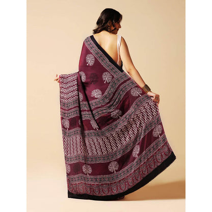 Aditri Burgundy Handprinted Ajrakh On Modal Silk Saree with Running Blouse