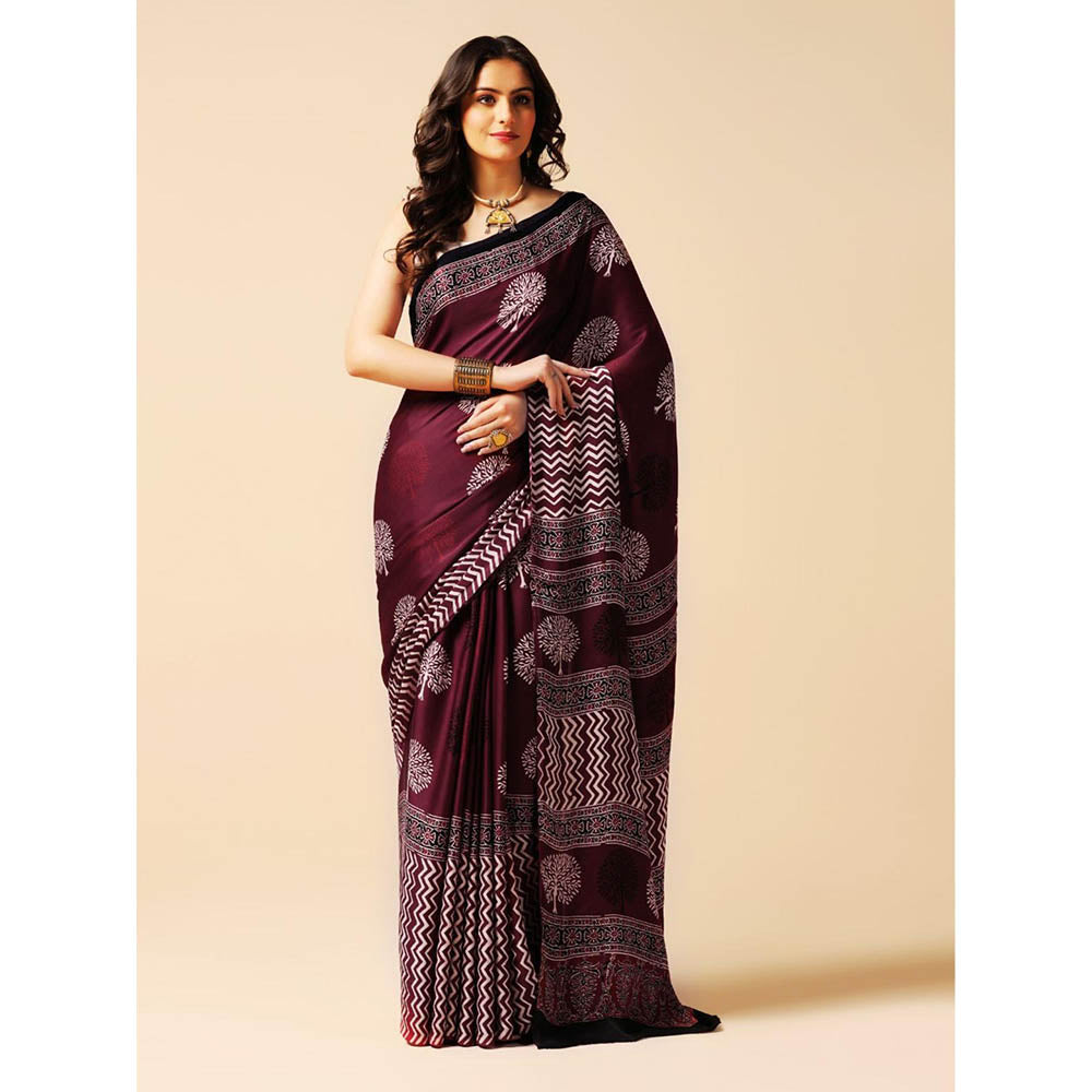 Aditri Burgundy Handprinted Ajrakh On Modal Silk Saree with Running Blouse