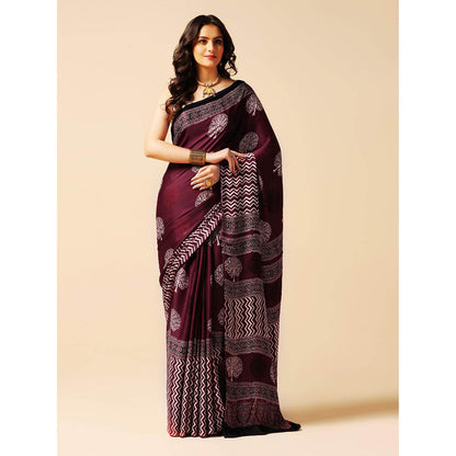 Aditri Burgundy Handprinted Ajrakh On Modal Silk Saree with Running Blouse