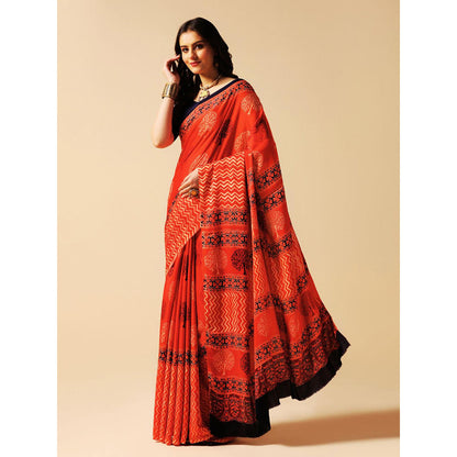 Aditri Red Handprinted Ajrakh On Modal Silk Saree with Running Blouse