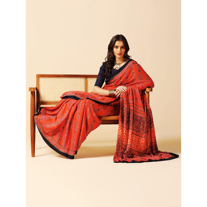 Aditri Red Handprinted Ajrakh On Modal Silk Saree with Running Blouse
