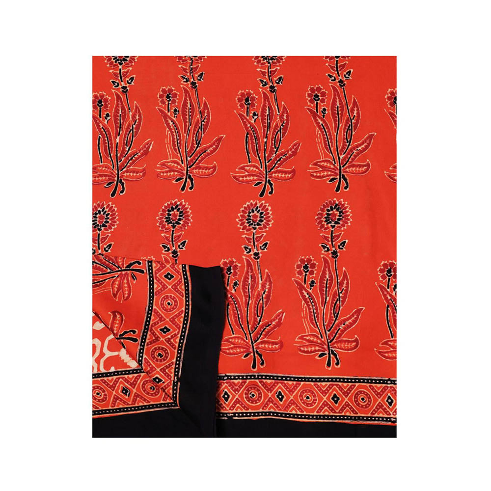 Aditri Red Handprinted Ajrakh On Modal Silk Saree with Running Blouse