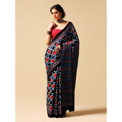 Aditri Blue Handprinted Ajrakh On Modal Silk Saree with Running Blouse