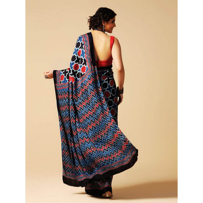 Aditri Blue Handprinted Ajrakh On Modal Silk Saree with Running Blouse