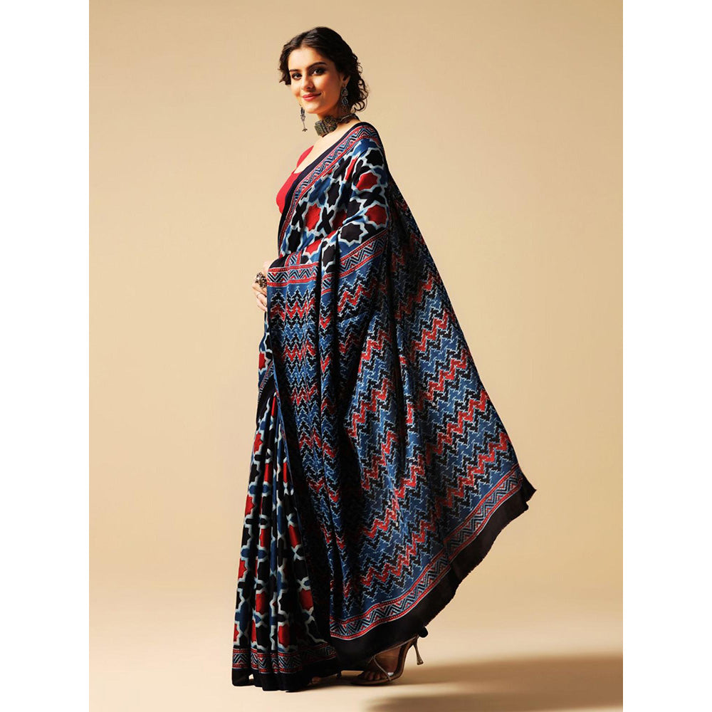Aditri Blue Handprinted Ajrakh On Modal Silk Saree with Running Blouse