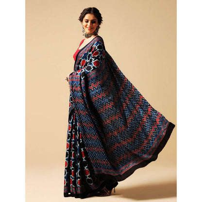 Aditri Blue Handprinted Ajrakh On Modal Silk Saree with Running Blouse