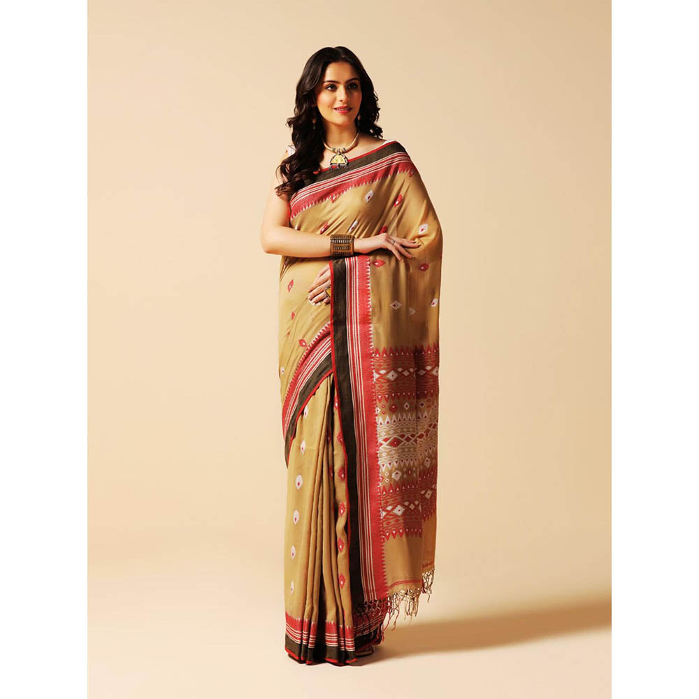 Aditri Beige Handloom Khadi Cotton Saree with Running Blouse