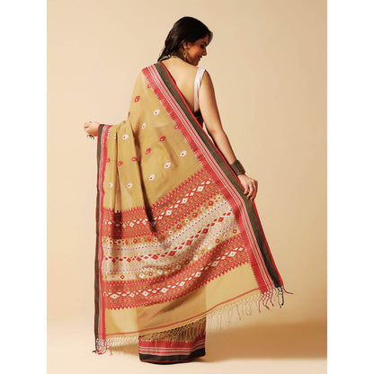 Aditri Beige Handloom Khadi Cotton Saree with Running Blouse