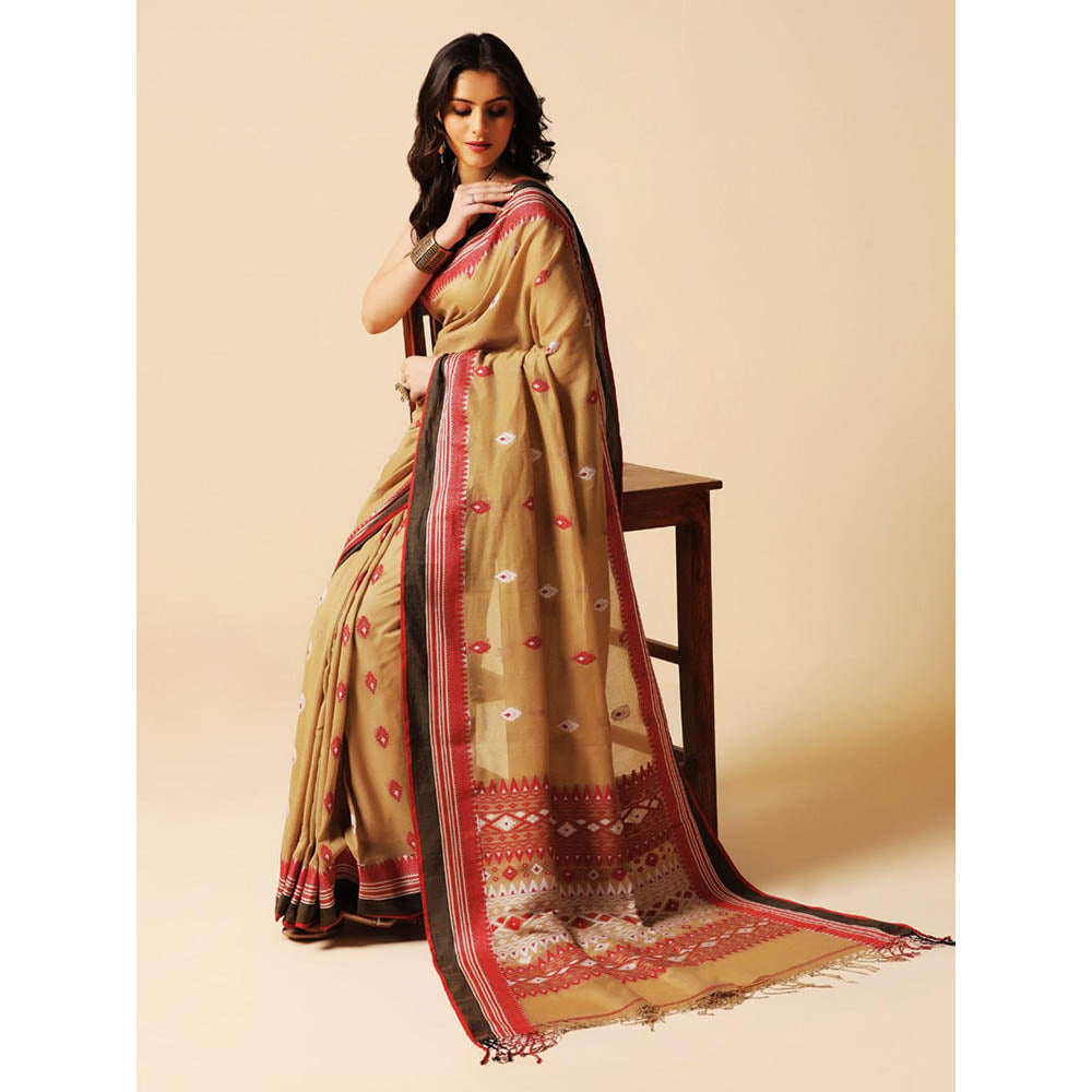 Aditri Beige Handloom Khadi Cotton Saree with Running Blouse