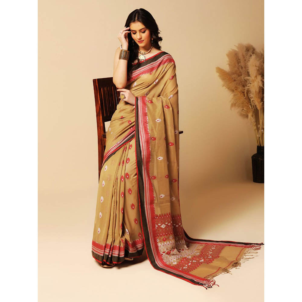 Aditri Beige Handloom Khadi Cotton Saree with Running Blouse