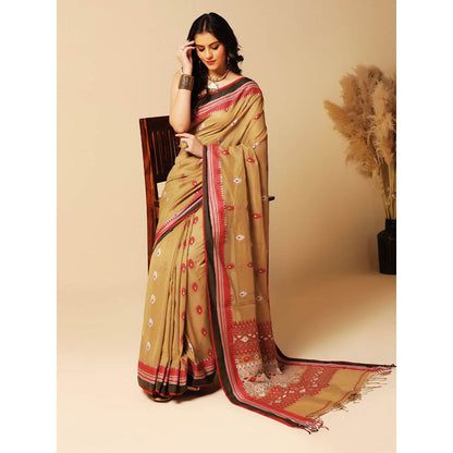 Aditri Beige Handloom Khadi Cotton Saree with Running Blouse