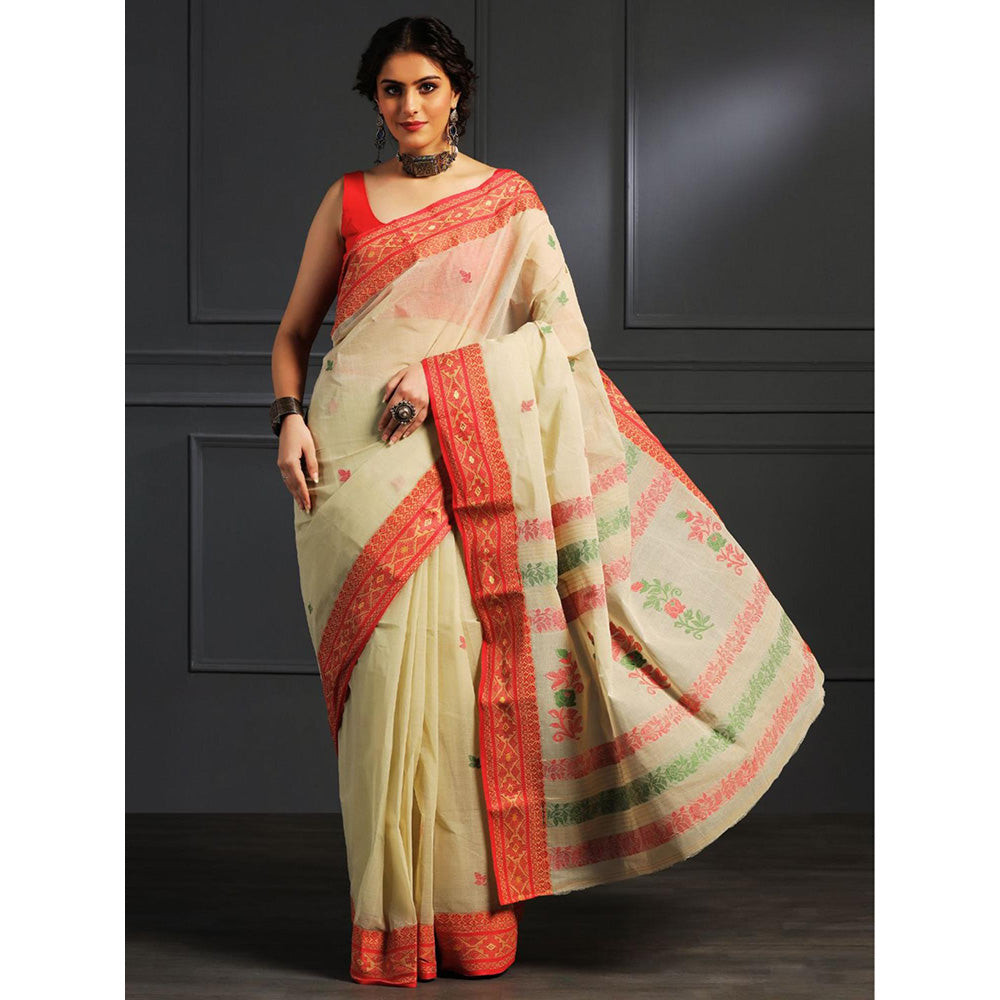 Aditri Beige Handloom Khadi Cotton Saree with Running Blouse