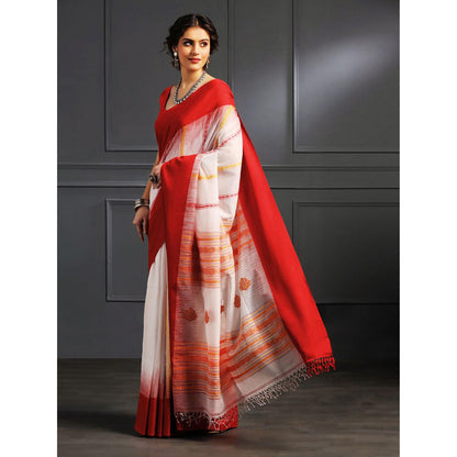 Aditri White Handloom Khadi Cotton Saree with Running Blouse