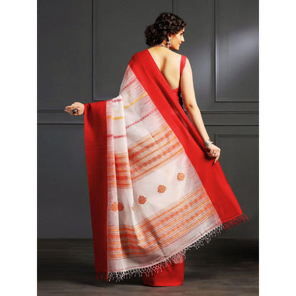 Aditri White Handloom Khadi Cotton Saree with Running Blouse