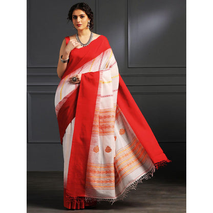 Aditri White Handloom Khadi Cotton Saree with Running Blouse