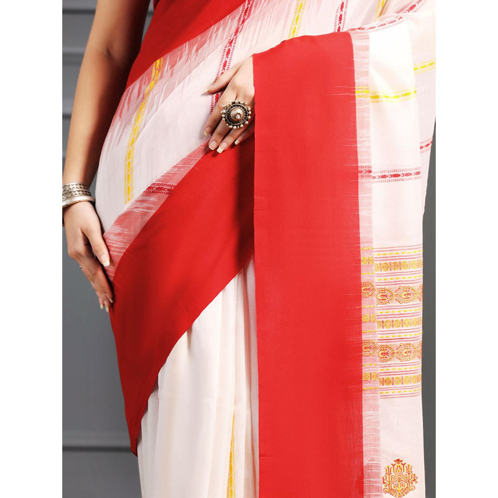 Aditri White Handloom Khadi Cotton Saree with Running Blouse