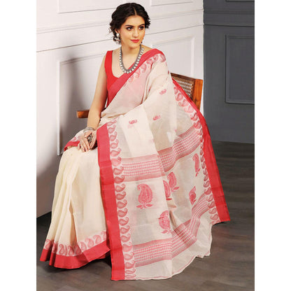 Aditri Beige Handloom Khadi Cotton Saree with Running Blouse