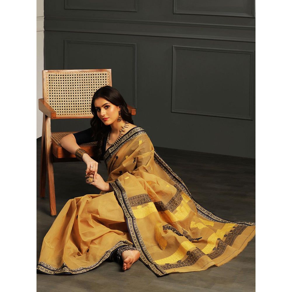Aditri Khaki Handloom Khadi Cotton Saree with Running Blouse