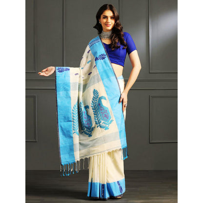Aditri Cream Handloom Khadi Cotton Saree with Running Blouse