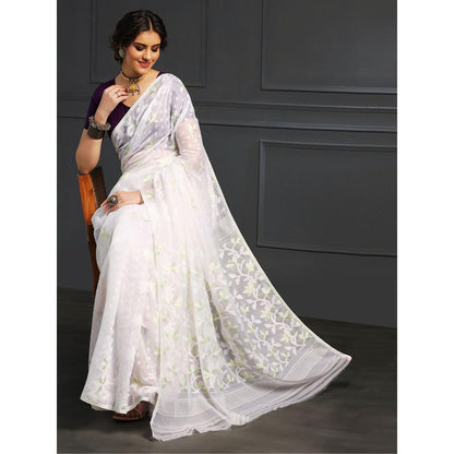 Aditri White Handloom Jamdani On Resham Silk Saree with Running Blouse