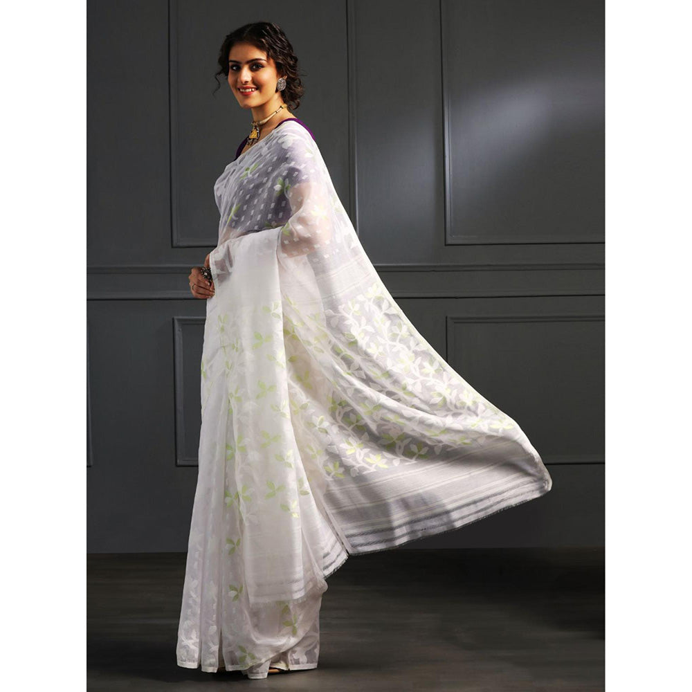 Aditri White Handloom Jamdani On Resham Silk Saree with Running Blouse