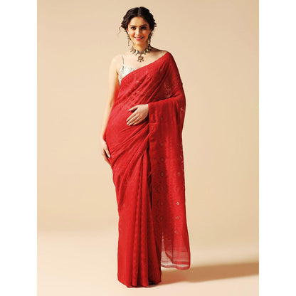 Aditri Red Handloom Jamdani On Resham Silk Saree with Running Blouse