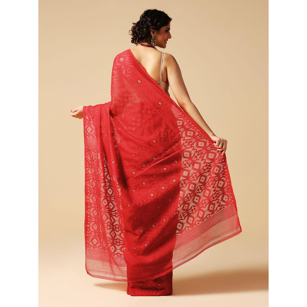 Aditri Red Handloom Jamdani On Resham Silk Saree with Running Blouse