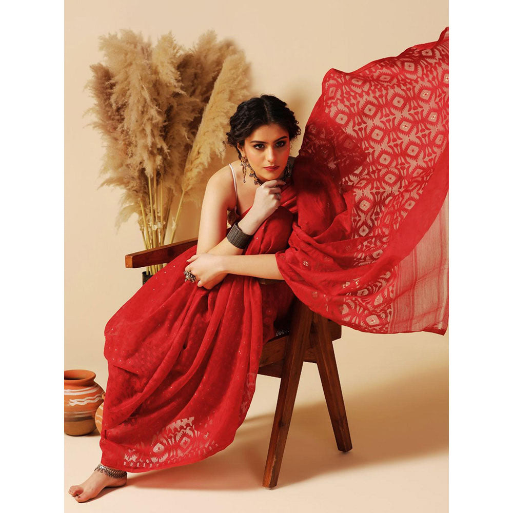 Aditri Red Handloom Jamdani On Resham Silk Saree with Running Blouse
