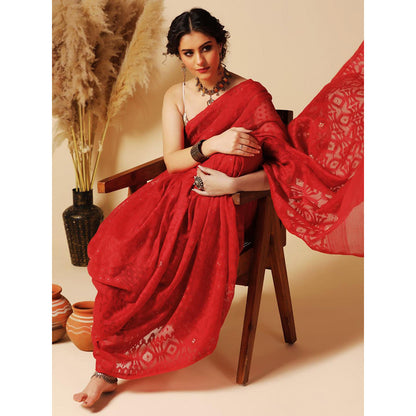 Aditri Red Handloom Jamdani On Resham Silk Saree with Running Blouse