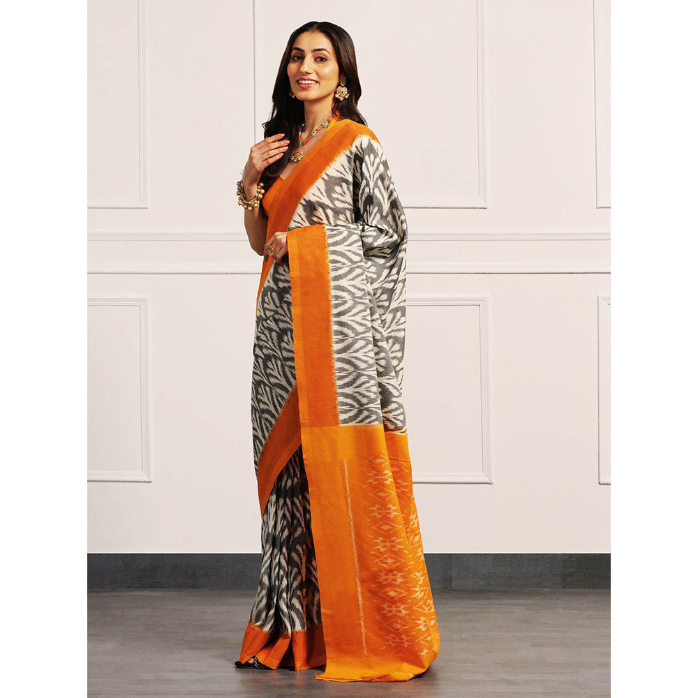 Aditri Orange Handloom Ikat On Gas Saree with Unstitched Blouse