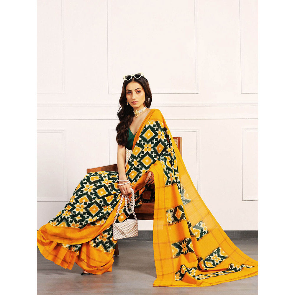 Aditri Yellow Handloom Double Ikat Telia Rumal Saree with Unstitched Blouse
