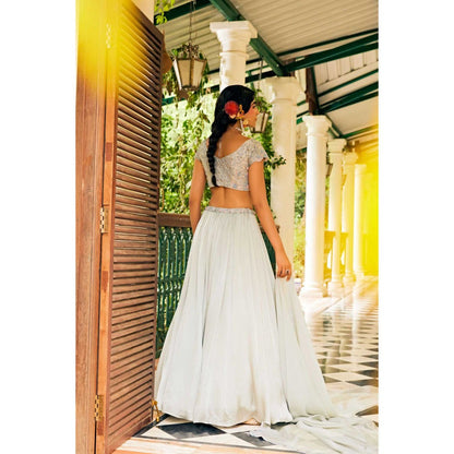 1999AD Grey Organza Lehenga With Blouse And Dupatta (Set of 3)