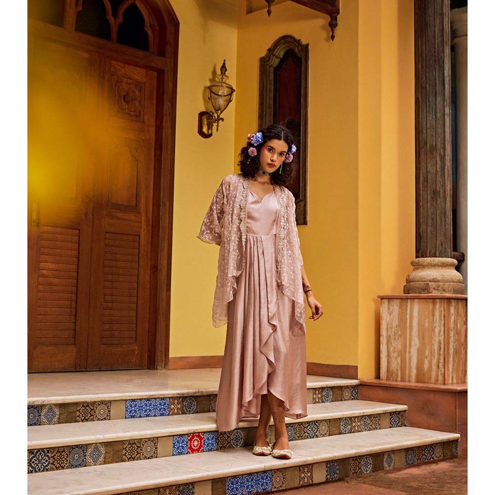 1999AD Rose Pink Sheer Embroidered Cape With Dress (Set of 2)