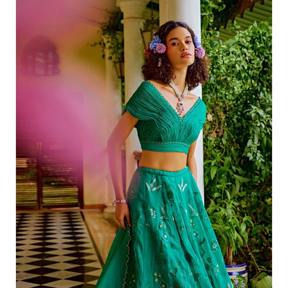 1999AD Forest Green Kalidar Lehenga With Blouse (Set of 2)