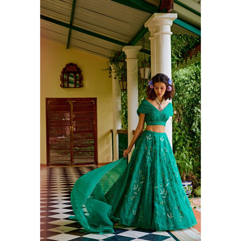 1999AD Forest Green Kalidar Lehenga With Blouse (Set of 2)