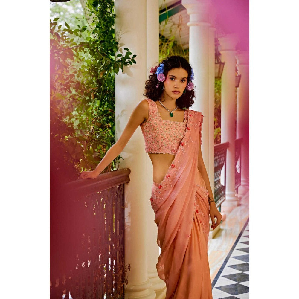 1999AD Peach Pre-Stitched Saree With Stitched Blouse