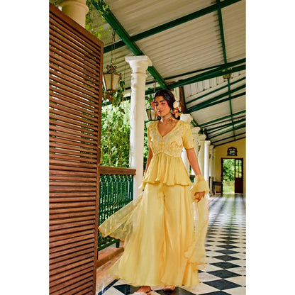 1999AD Dark Yellow Peplum Top With Sharara (Set of 2)
