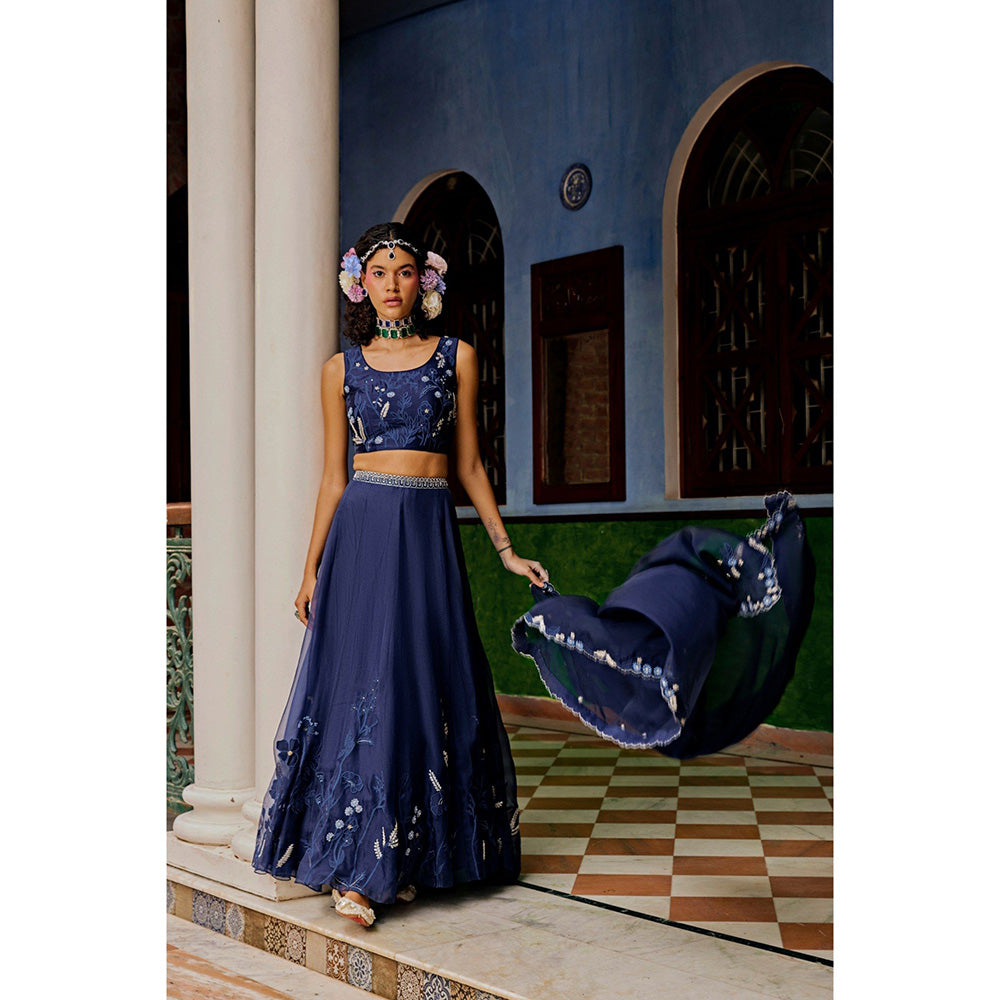 1999AD Dark Blue Floral Lehenga With Blouse And Dupatta (Set of 3)