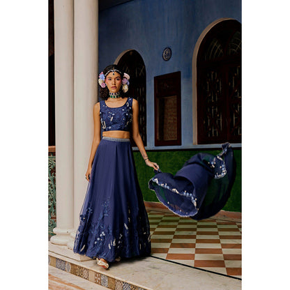 1999AD Dark Blue Floral Lehenga With Blouse And Dupatta (Set of 3)