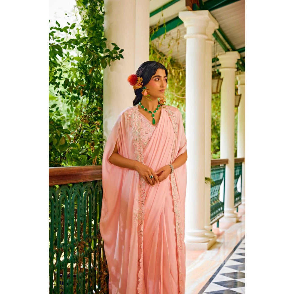 1999AD Pink Pre-Stitched Saree With Stitched Blouse And Cape