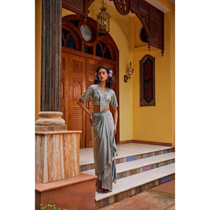1999AD Grey Satin Drape Skirt with Crop Top (Set of 2)
