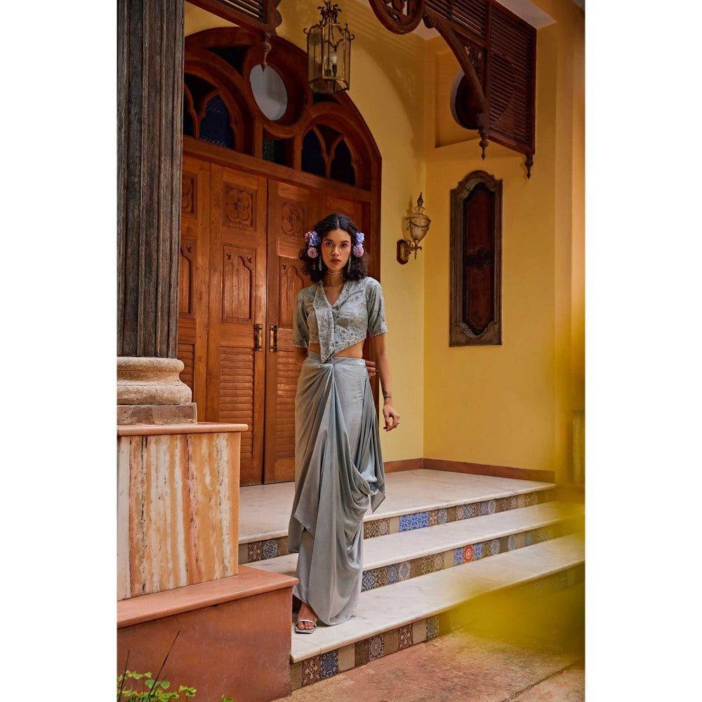 1999AD Grey Satin Drape Skirt with Crop Top (Set of 2)