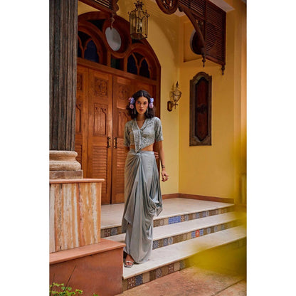 1999AD Grey Satin Drape Skirt with Crop Top (Set of 2)