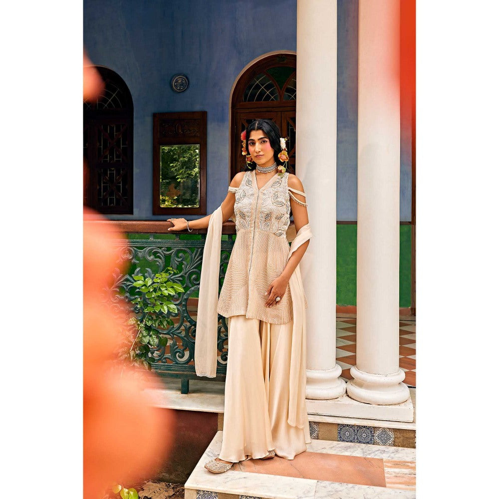 1999AD Beige V Neck Sharara with Kurta and Dupatta (Set of 3)