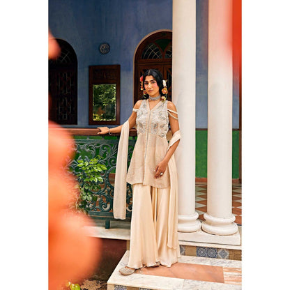 1999AD Beige V Neck Sharara with Kurta and Dupatta (Set of 3)