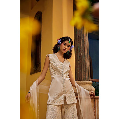 1999AD Beige Embroidered Sharara with Kurta and Dupatta (Set of 3)